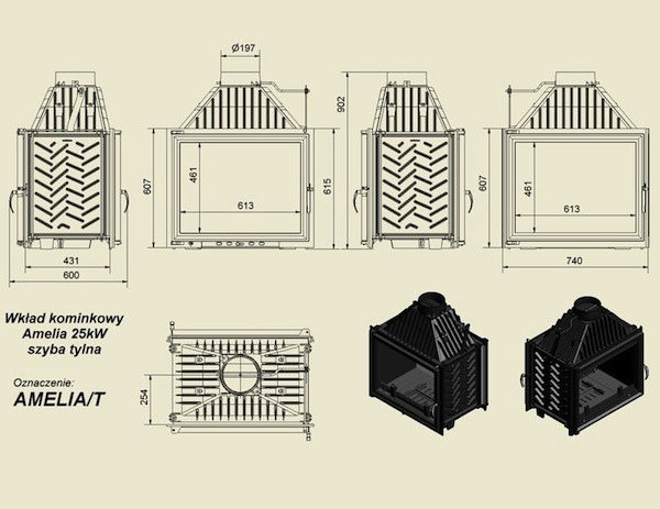 Каминная топка Kratki AMELIA/T 21 кВт чугунная, тоннель