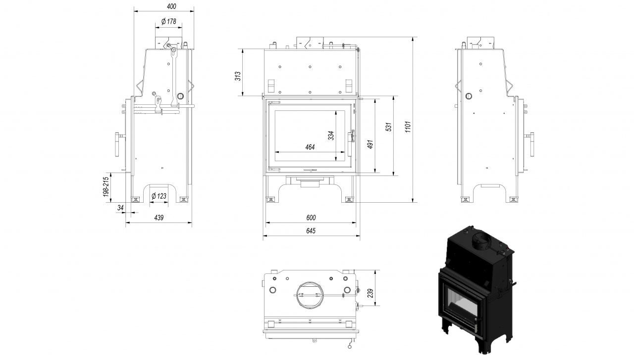 Каминная топка Kratki AQUARIO/M/8/PW/W 8 кВт стальная, с водяным контуром