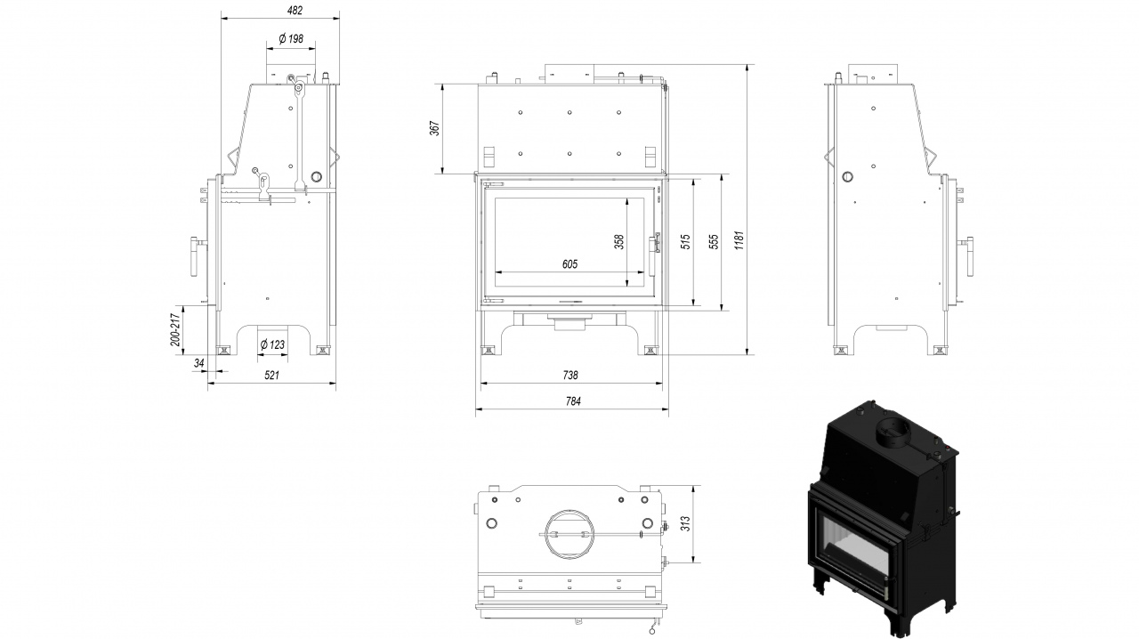 Каминная топка Kratki AQUARIO/O/12/PW/W 12 кВт стальная, с водяным контуром