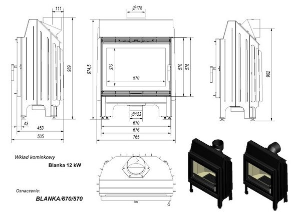 Каминная топка Kratki BLANKA 670/570 11 кВт стальная