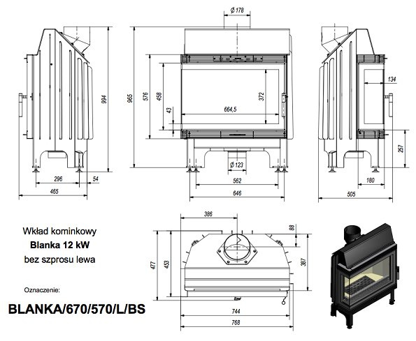 Каминная топка Kratki BLANKA 670/570/L/BS 11 кВт стальная, угловое стекло слева