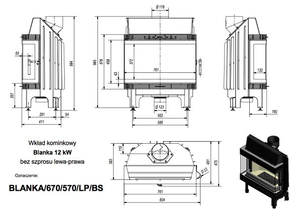 Каминная топка Kratki BLANKA 670/570/LP/BS 11 кВт стальная, угловое стекло слева-справа