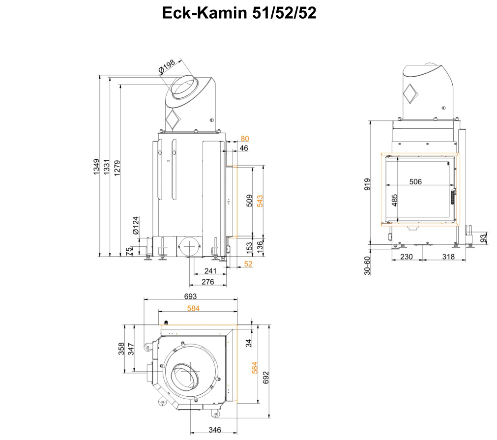 Каминная топка Brunner Eck-Kamin 51/52/52 без подъема дымосбор.чугун.универс. ø200мм. декор.рам (стекло-угловое)