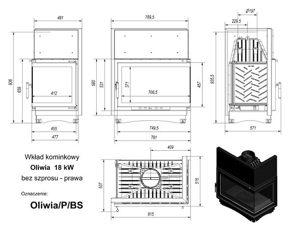 Каминная топка Kratki OLIWIA/P/BS 18 кВт чугунная, угловое стекло справа