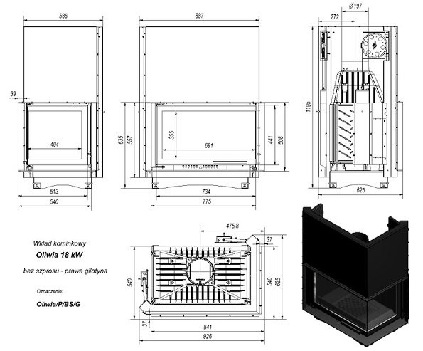 Каминная топка Kratki OLIWIA/P/BS/G 18 кВт чугунная, дверца стальная, угловое стекло справа, гильотина