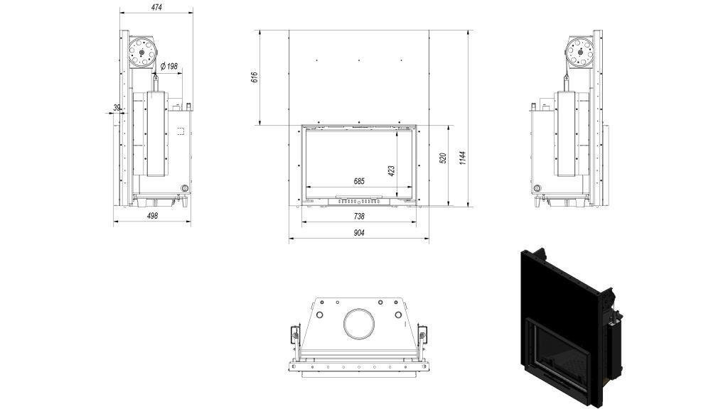 Каминная топка Kratki WIKTOR/PW/12/W/G 12 кВт стальная, дверца чугунная, гильотина, с водяным контуром
