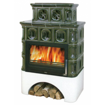Печь-камин ABX KARELIE, с белым цоколем, с теплообменником, зелёная (10, 5 кВт в воду), вставка СТАЛЬНАЯ