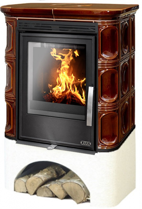 Печь-камин ABX MARINA KPI, с белым цоколем, коричневая каф.верх. плита - вставка КОМБО, с допуском воздуха извне