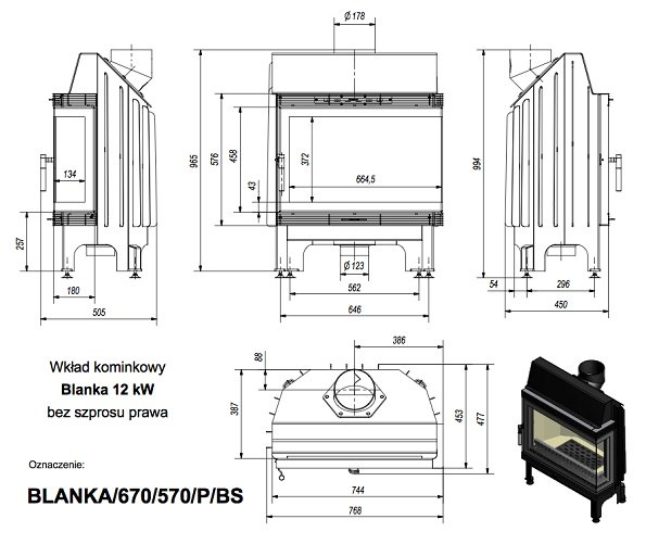 Каминная топка Kratki BLANKA 670/570/P/BS 11 кВт стальная, угловое стекло справа