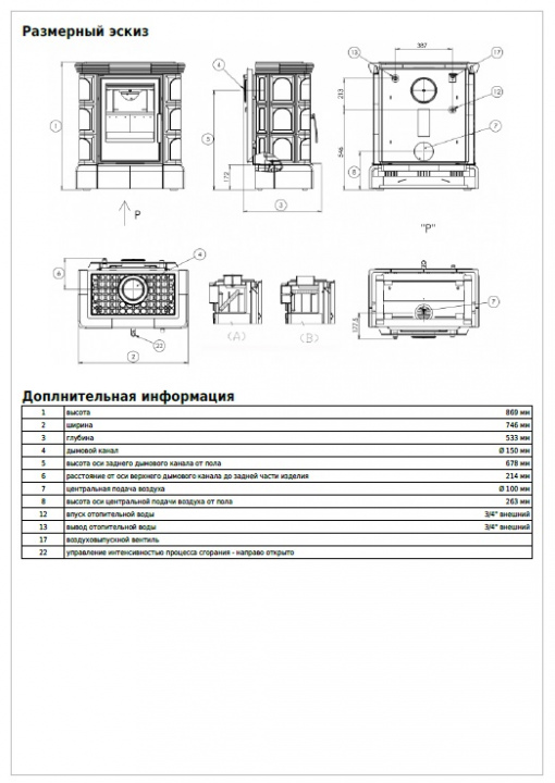 Печь-камин ABX IBERIA KI, с кафельным цоколем, с теплообменником, коричневая (6, 9 кВт в воду), вставка КОМБО, с допуском воздуха извне