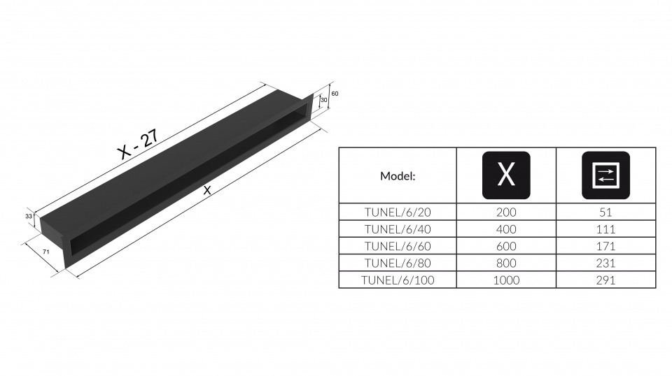 Вентиляционная решётка Kratki туннель графит TUNEL/6/40/G (60x400мм)