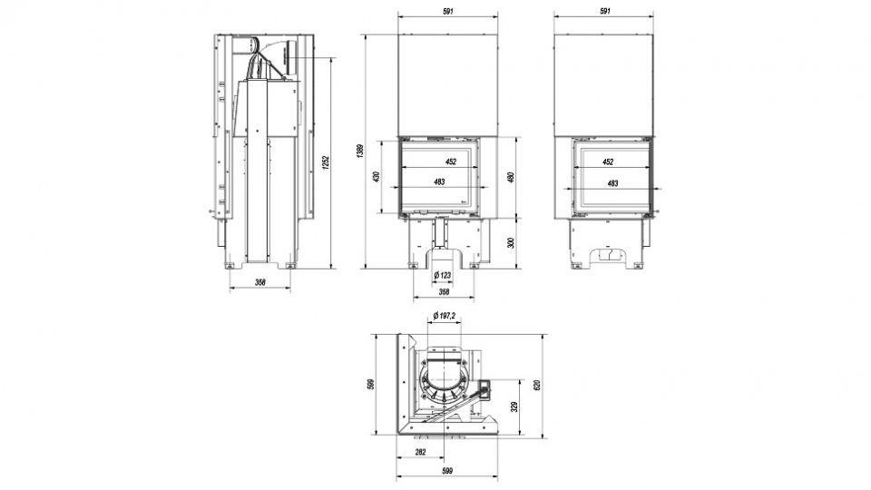 Каминная топка Kratki VNL/480/480/L 8 кВт стальная, угловое стекло слева, гильотина